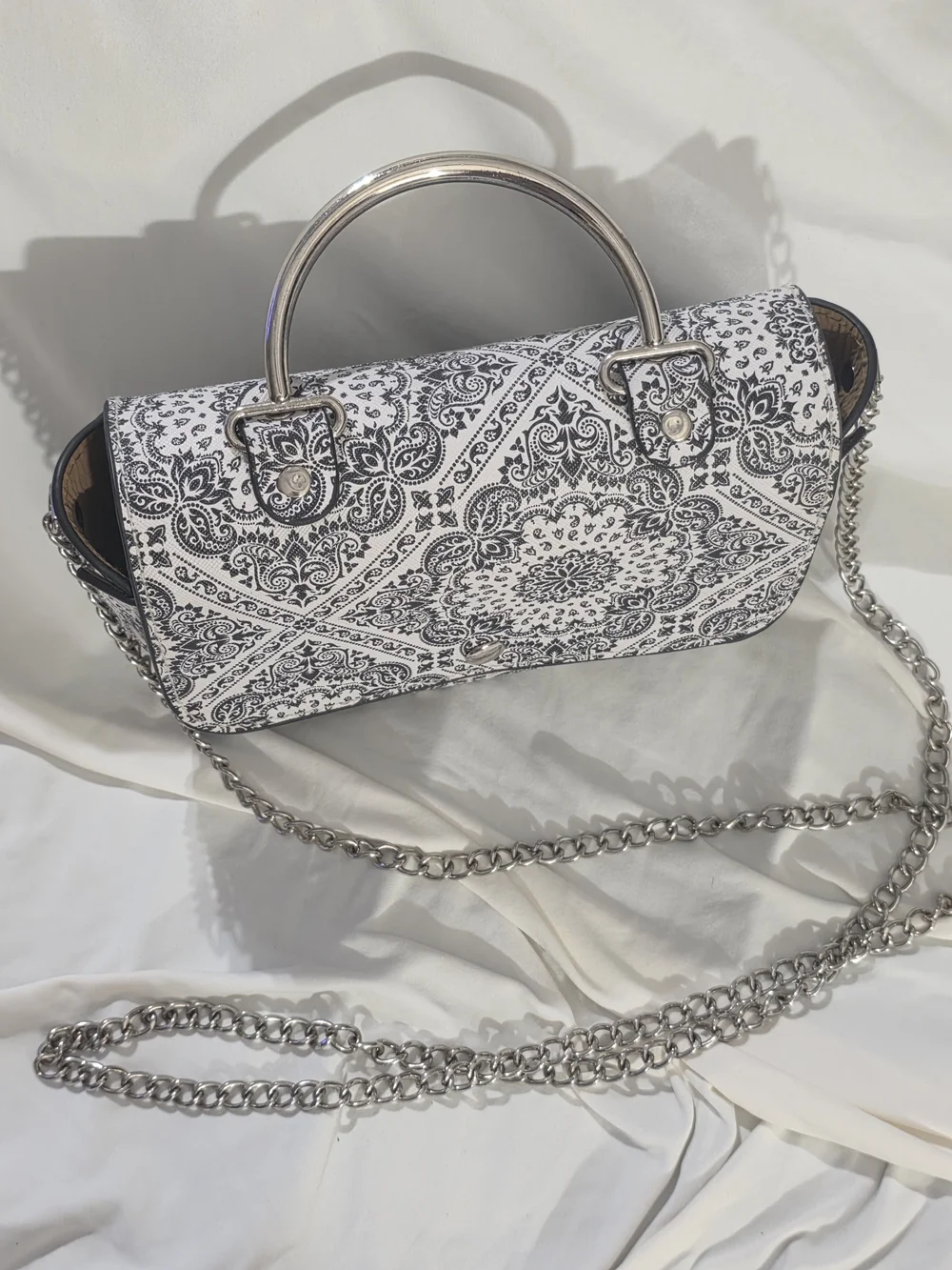 Black White Paisley Top Handle Bag Chain Strap Structured Purse